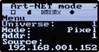 Display of Powered SPI LED2 with DMX SD Card mode selected