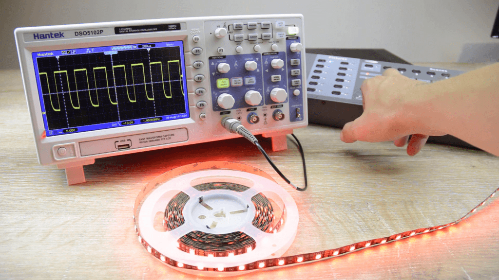 Oscilloscope showing power supply to LED in regards to its brightness
