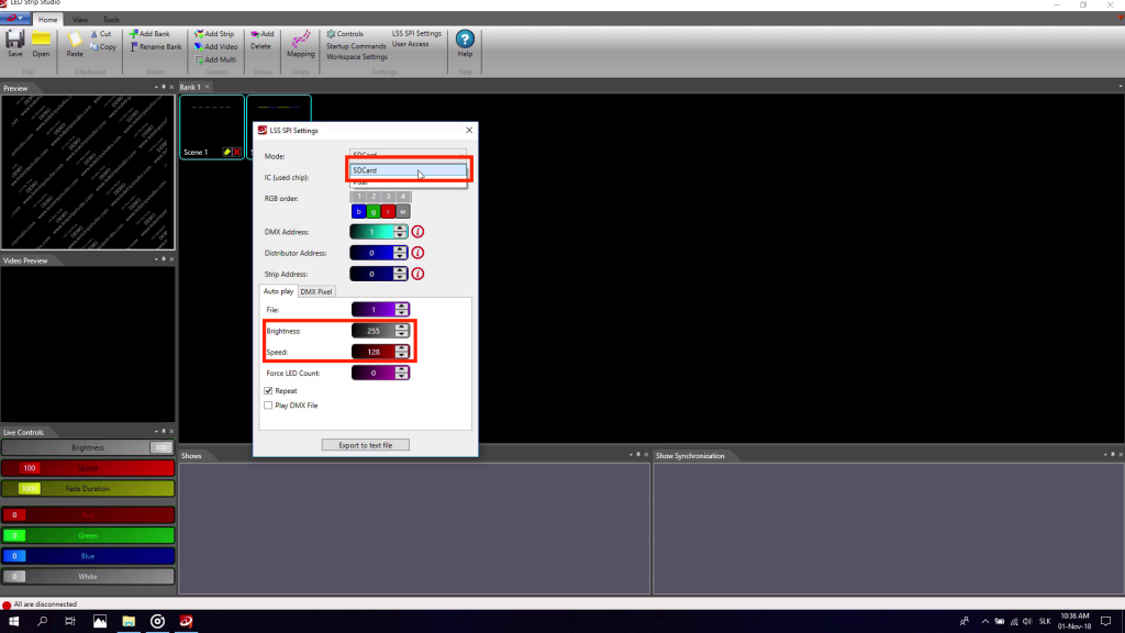 Printscreen showing where in standalone mode set the speed of animation and brightness of the strip.