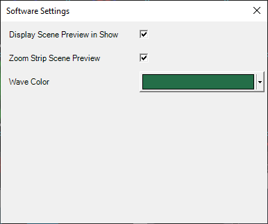 A software settings dialogue where you can change the color of the Waveform in the Show timeline, Display Scene preview and Zoom the Strip preview scene.