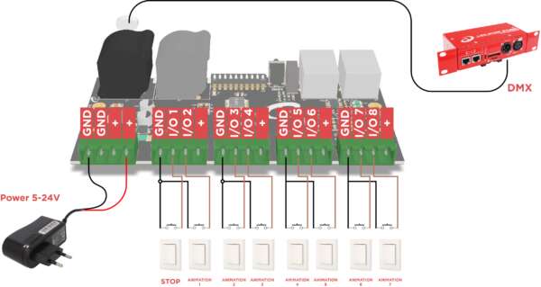 Scheem of connection of 8 buttons to DMX_TRX