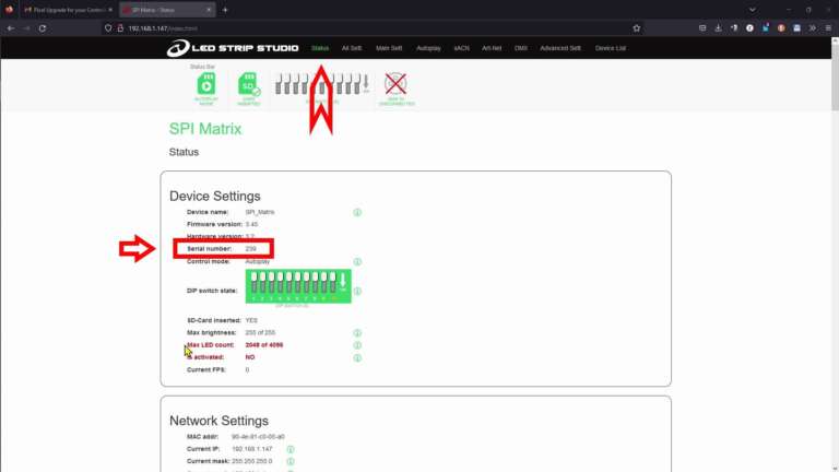 web config showing where to find serial number of the controller - Status Tab